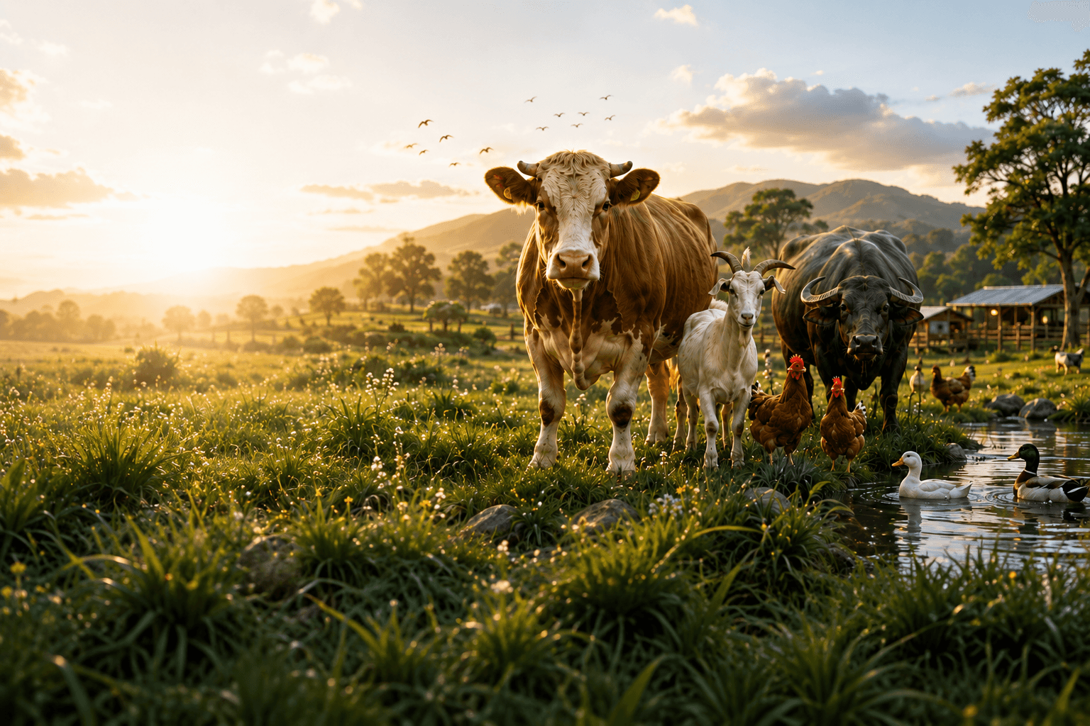 Halal farm with livestock in a green field
